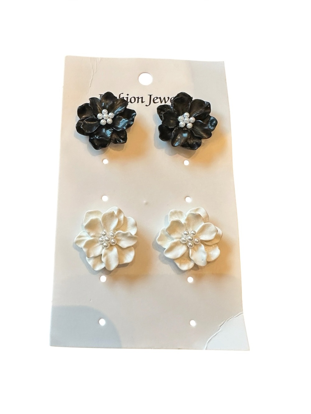 Black and White Flower Stud Earrings 2 Pair Set with Mini Pearl Accents